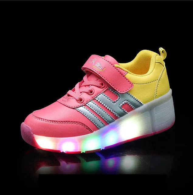 2016 New Children's Fashion Light Shoes with Wheel  Boys and Girls Luminous Shoes with Singer Pulley  Kids Fun LED Glide Shoes