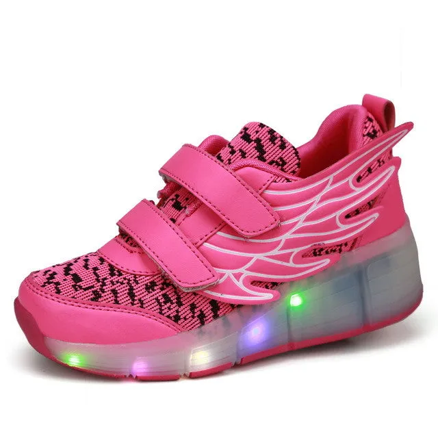 2016 New Children's Fashion Light Shoes with Wheel  Boys and Girls Luminous Shoes with Singer Pulley  Kids Fun LED Glide Shoes