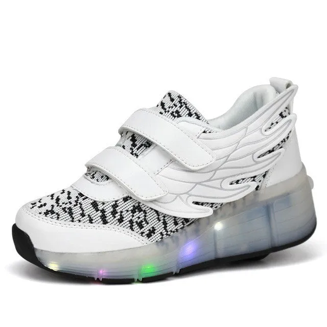 2016 New Children's Fashion Light Shoes with Wheel  Boys and Girls Luminous Shoes with Singer Pulley  Kids Fun LED Glide Shoes