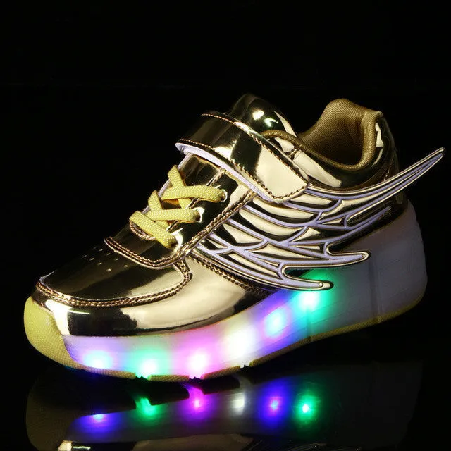 2016 New Children's Fashion Light Shoes with Wheel  Boys and Girls Luminous Shoes with Singer Pulley  Kids Fun LED Glide Shoes