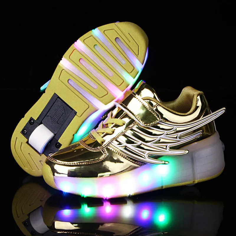 2016 New Children's Fashion Light Shoes with Wheel  Boys and Girls Luminous Shoes with Singer Pulley  Kids Fun LED Glide Shoes