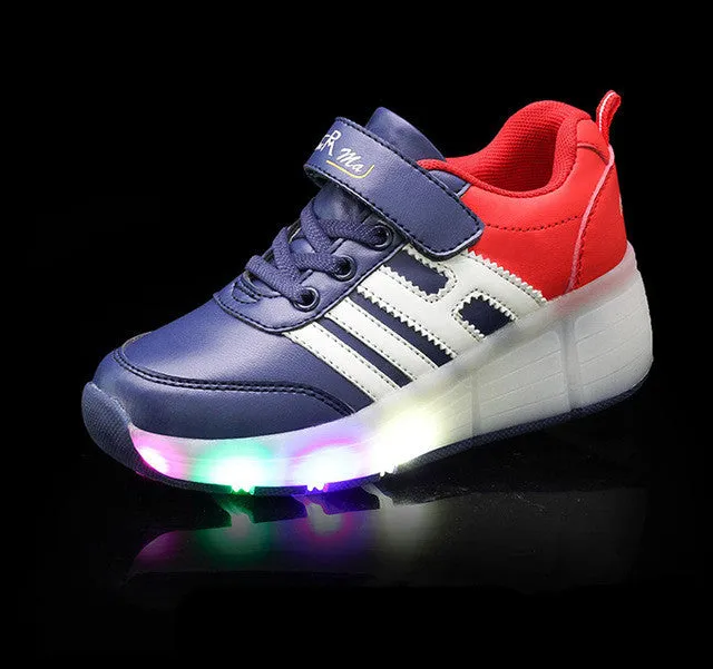 2016 New Children's Fashion Light Shoes with Wheel  Boys and Girls Luminous Shoes with Singer Pulley  Kids Fun LED Glide Shoes