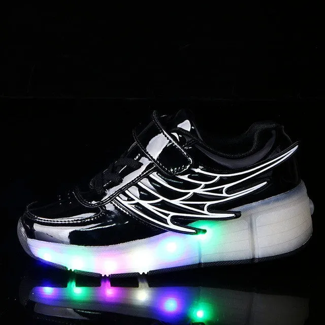 2016 New Children's Fashion Light Shoes with Wheel  Boys and Girls Luminous Shoes with Singer Pulley  Kids Fun LED Glide Shoes