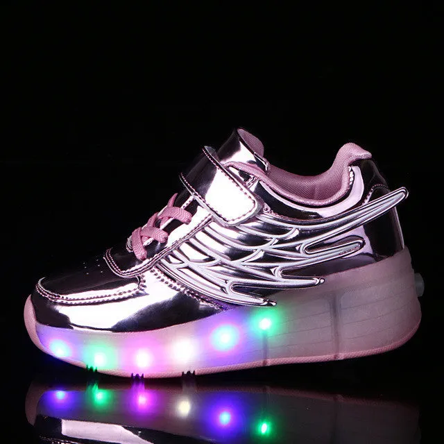 2016 New Children's Fashion Light Shoes with Wheel  Boys and Girls Luminous Shoes with Singer Pulley  Kids Fun LED Glide Shoes