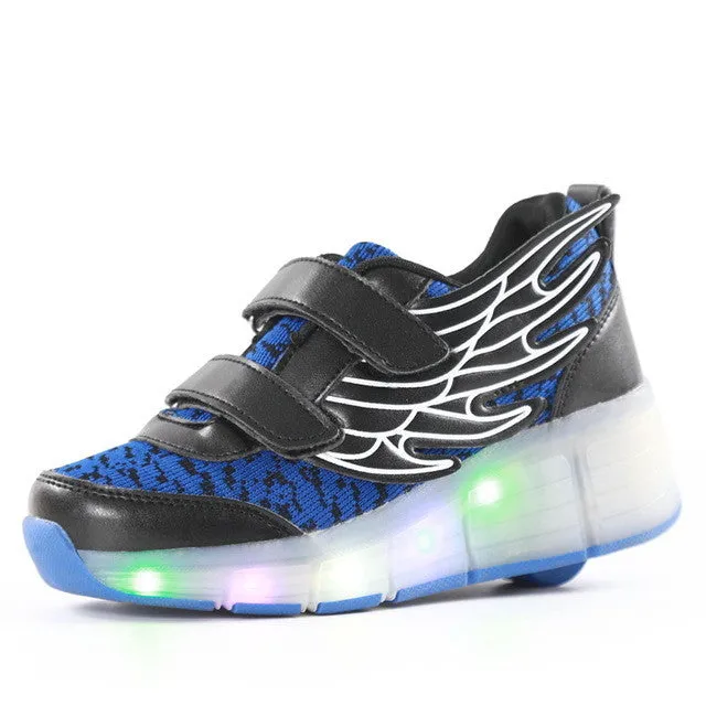 2016 New Children's Fashion Light Shoes with Wheel  Boys and Girls Luminous Shoes with Singer Pulley  Kids Fun LED Glide Shoes