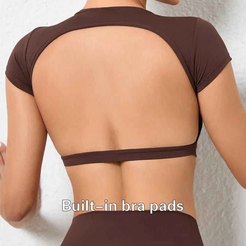 Breathable Backless Yoga Tops for Women - Moisture-Wicking, Short-Sleeve Shirts