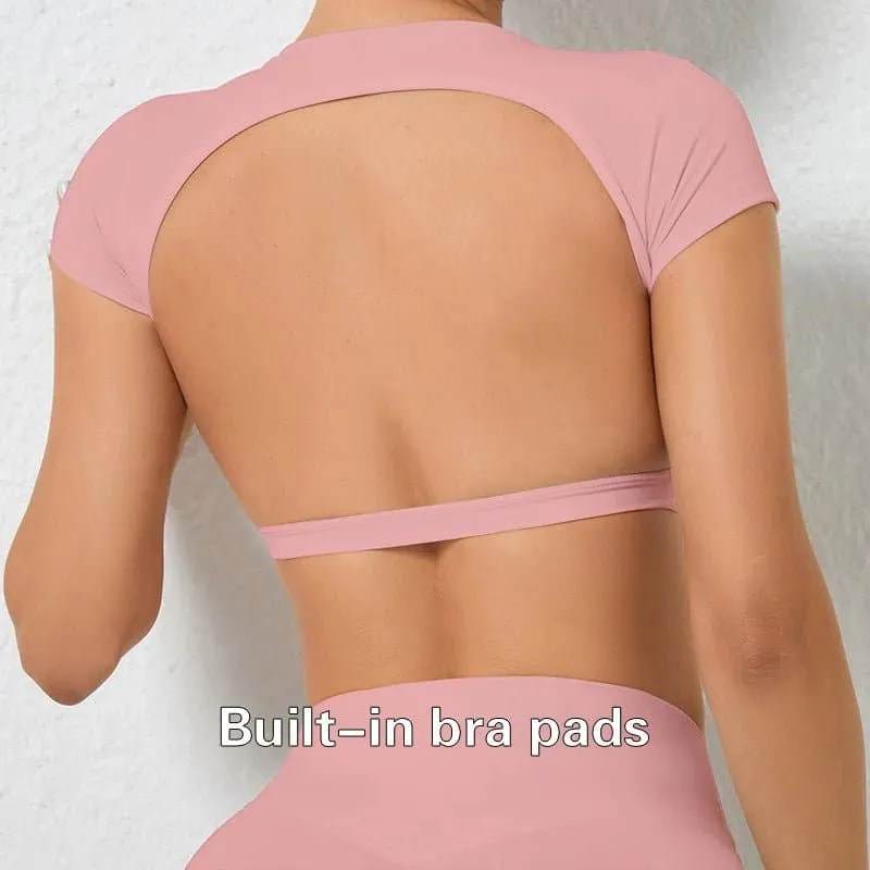 Breathable Backless Yoga Tops for Women - Moisture-Wicking, Short-Sleeve Shirts