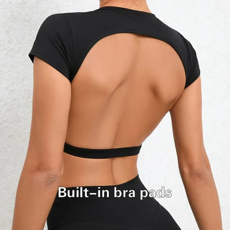 Breathable Backless Yoga Tops for Women - Moisture-Wicking, Short-Sleeve Shirts