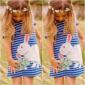 Cartoon Rabbit Kids Baby Girls Dress White And Blue Striped Summer One pieces Cute O Neck Mini Dress 2-7Y