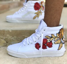 Custom Embroidered Tiger Rose Vans Sneakers Shoes – White