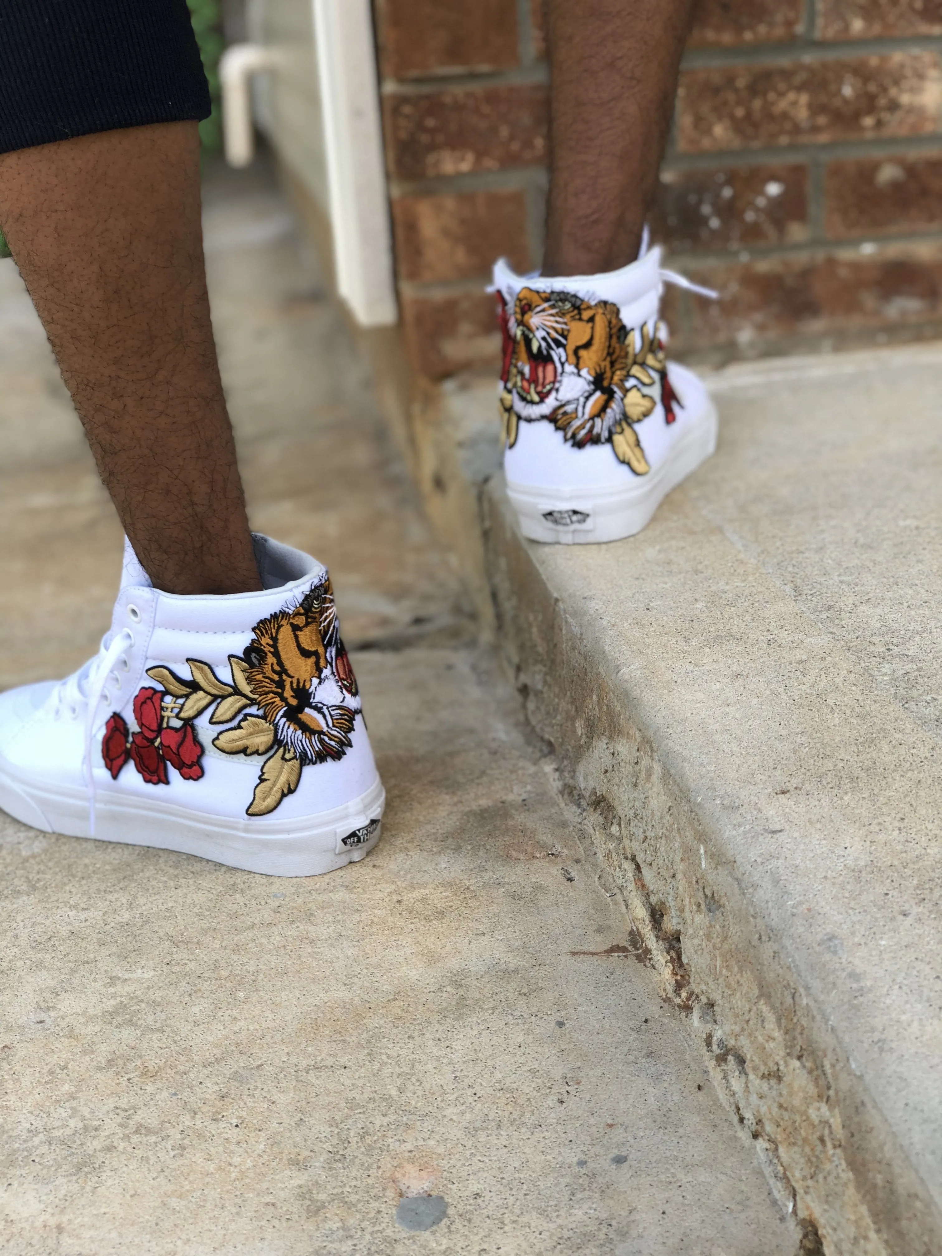 Custom Embroidered Tiger Rose Vans Sneakers Shoes – White