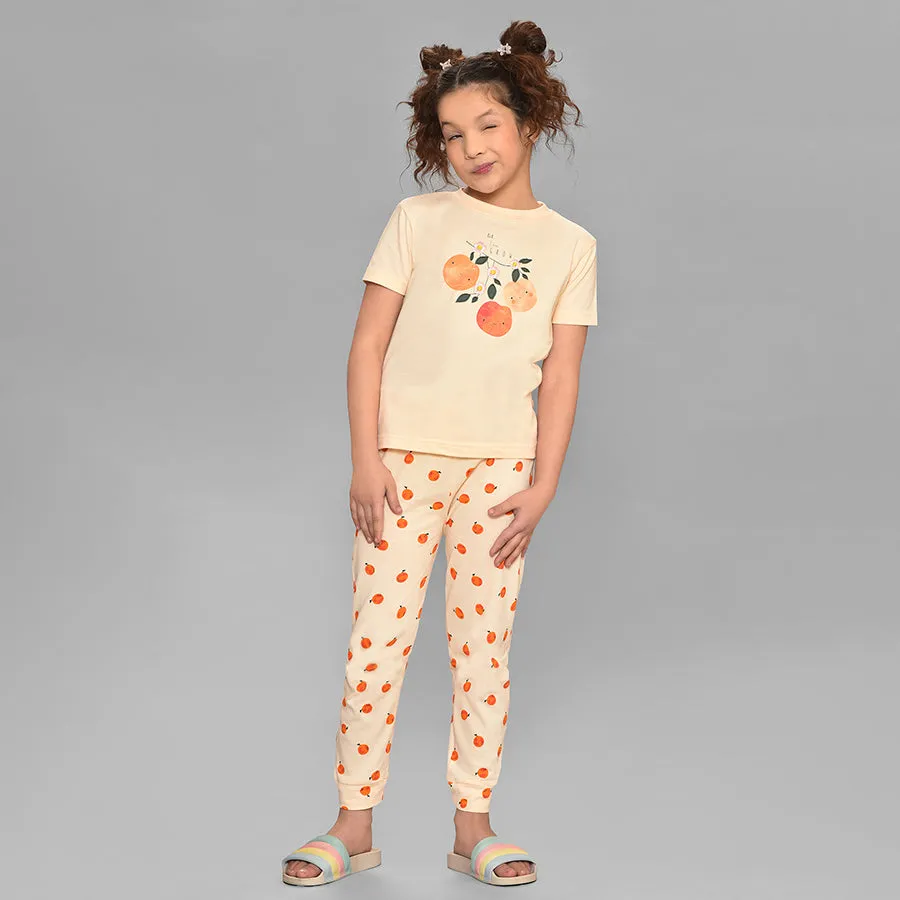 Fruits Printed Peach Top & Pajama Set