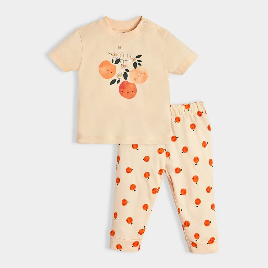 Fruits Printed Peach Top & Pajama Set