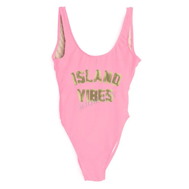 ISLAND VIBES Letter Women Swimsuit 2017 Sexy Low Back High Cut Swimwear Kids Bathing Beachwear Girls One Piece Black Bodysuit