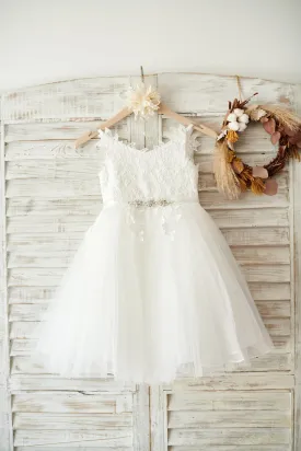 Lace Tulle Spaghetti Straps Wedding Flower Girl Dress with Beaded Belt