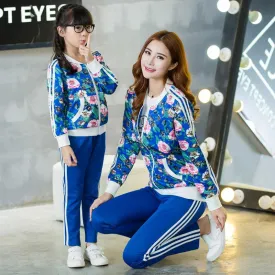 Mother Daughter Matching Clothes Set Family Autumn Long Sleeve Fashion Floral Outfits Mommy Me Jacket Pant Clothing Suit