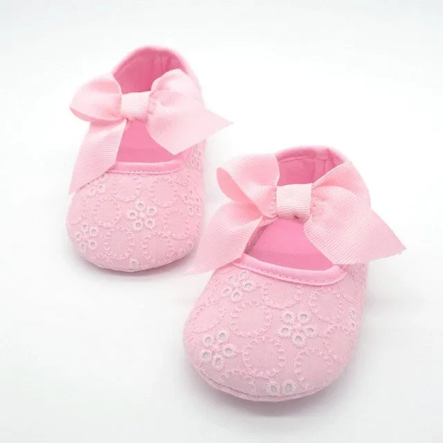 White Bowknot Baby Girl Lace Shoes Toddler Prewalker Anti-Slip First Walker Simple Baby Shoes