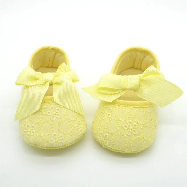 White Bowknot Baby Girl Lace Shoes Toddler Prewalker Anti-Slip First Walker Simple Baby Shoes