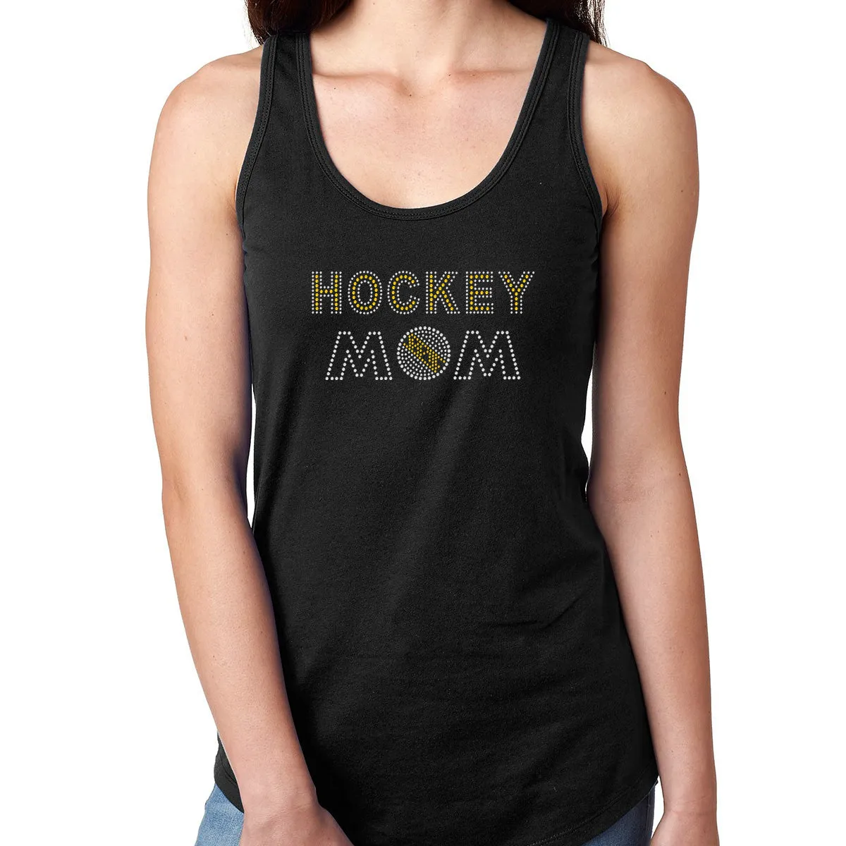 Womens T-Shirt Bling Black Fitted Tee Hockey Mom Puck Yellow