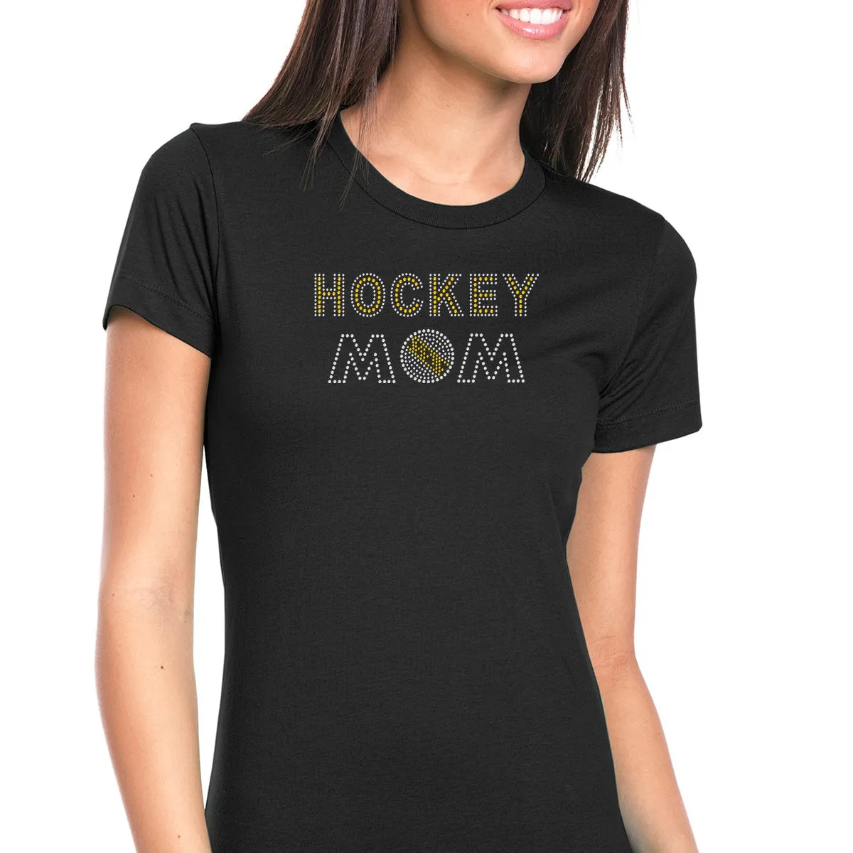 Womens T-Shirt Bling Black Fitted Tee Hockey Mom Puck Yellow