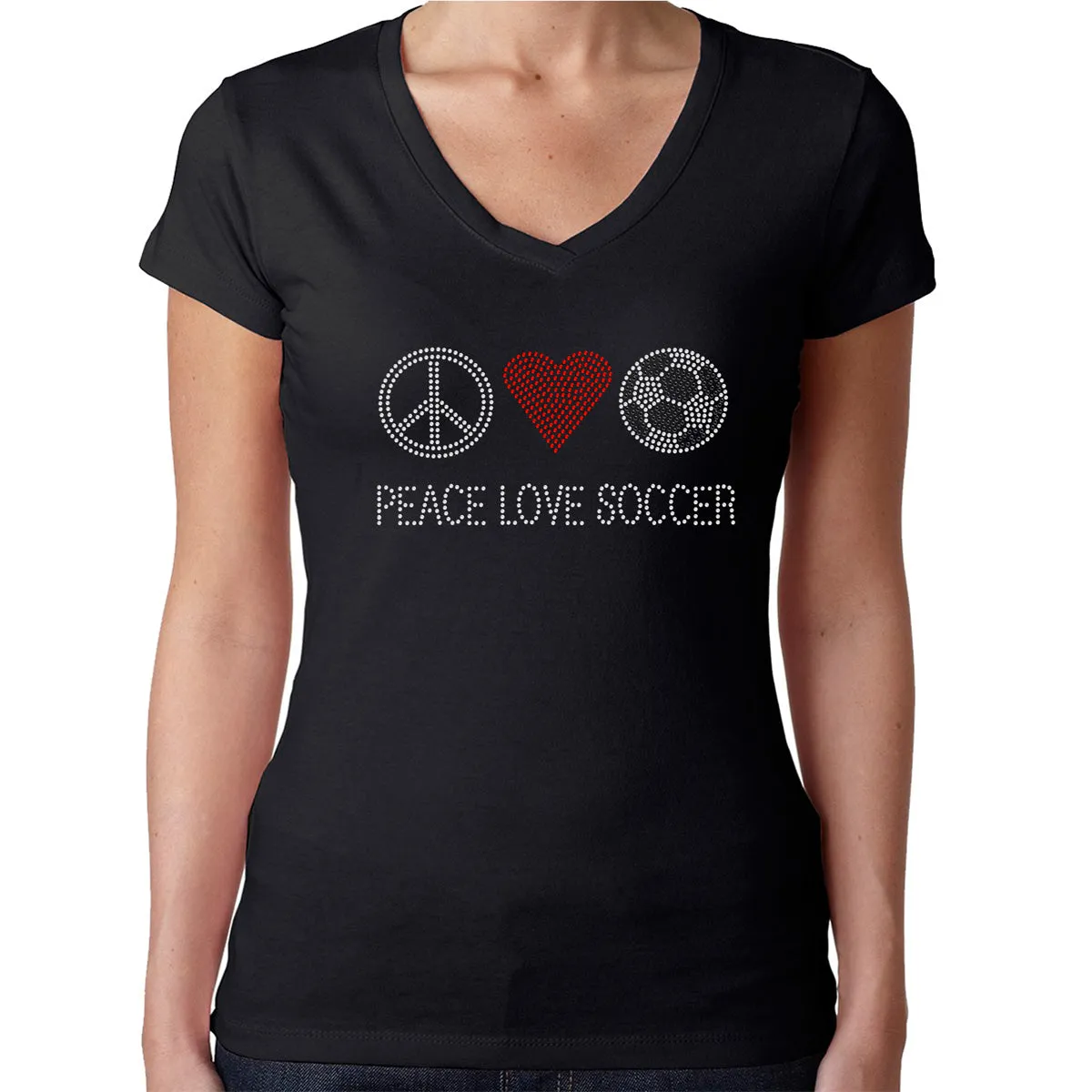 Womens T-Shirt Rhinestone Bling Black Fitted Tee Peace Love Soccer Red Heart