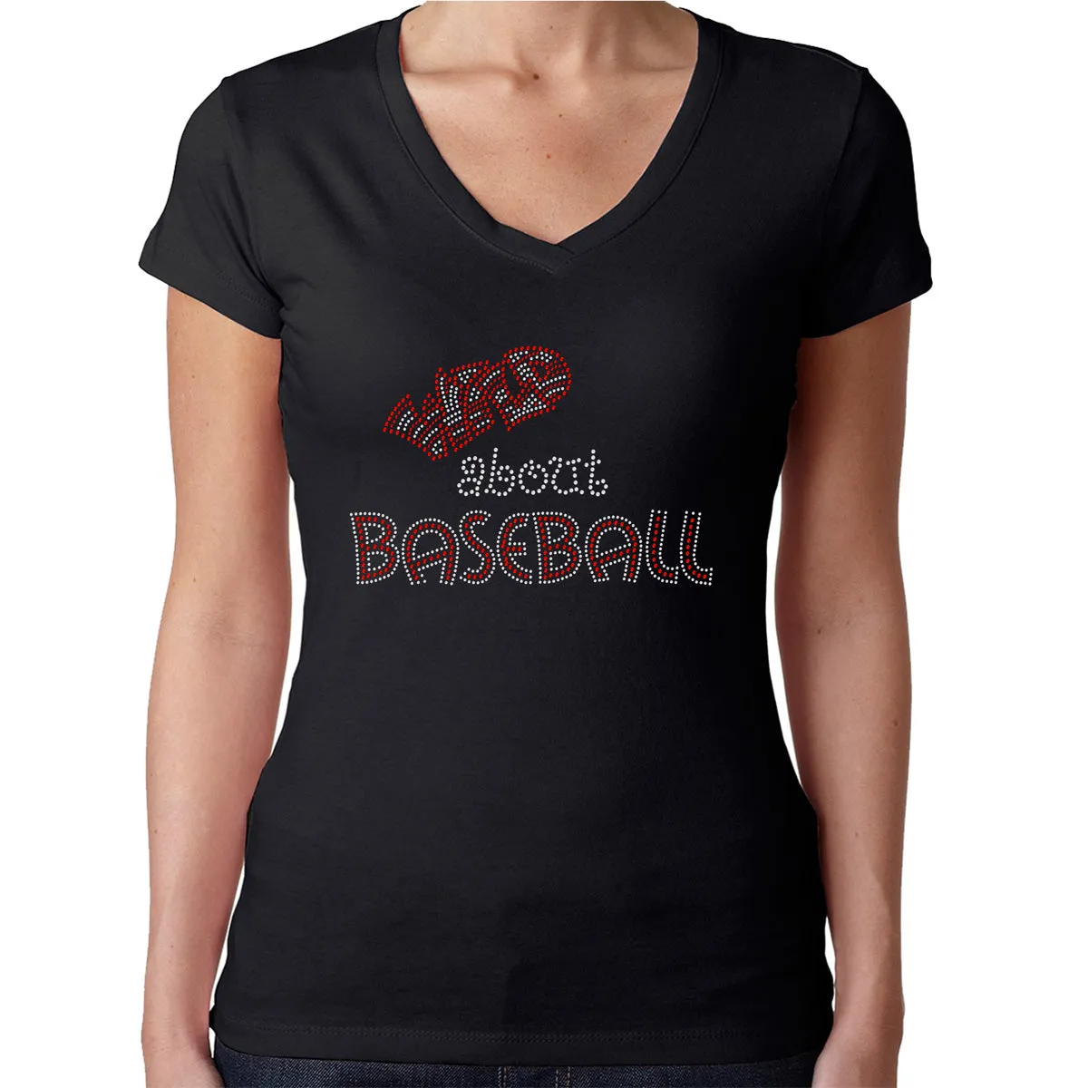 Womens T-Shirt Rhinestone Bling Black Fitted Tee Wild About Baseball